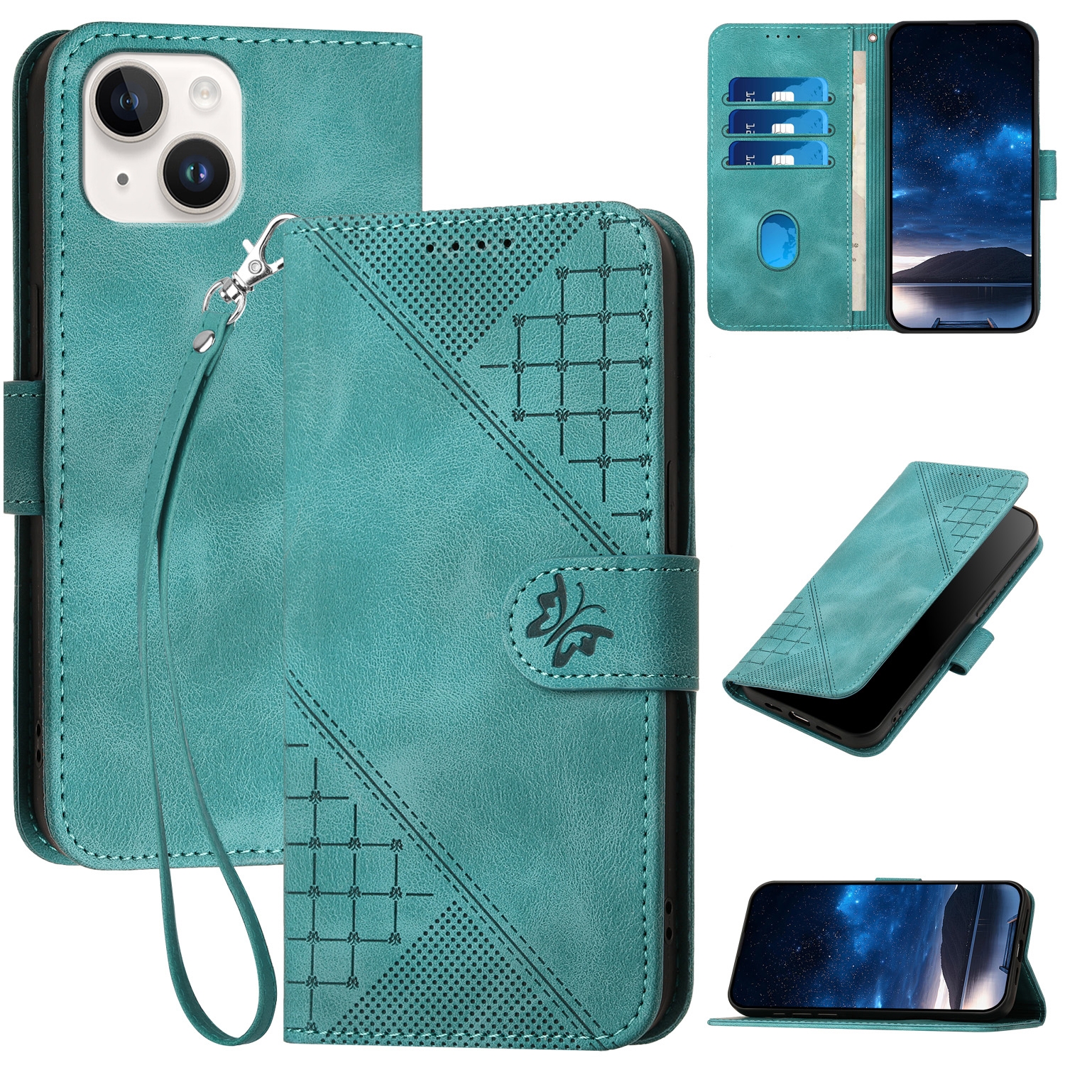For iPhone 15 YX0080 Grid Butterfly Embossed Pattern Flip Leather Phone Case with Lanyard(Light Blue) - Shopkiz.com