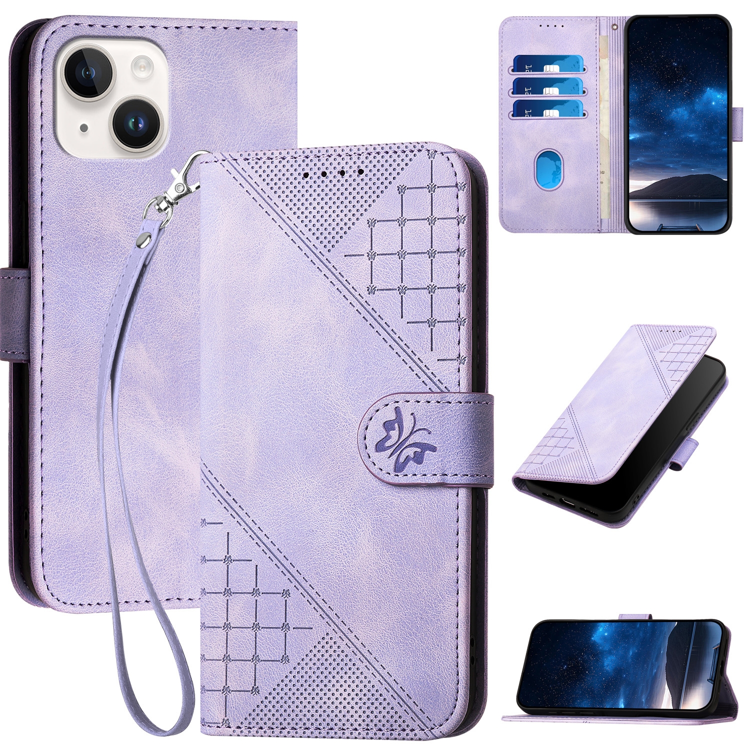 For iPhone 15 YX0080 Grid Butterfly Embossed Pattern Flip Leather Phone Case with Lanyard(Light Purple) - Shopkiz.com