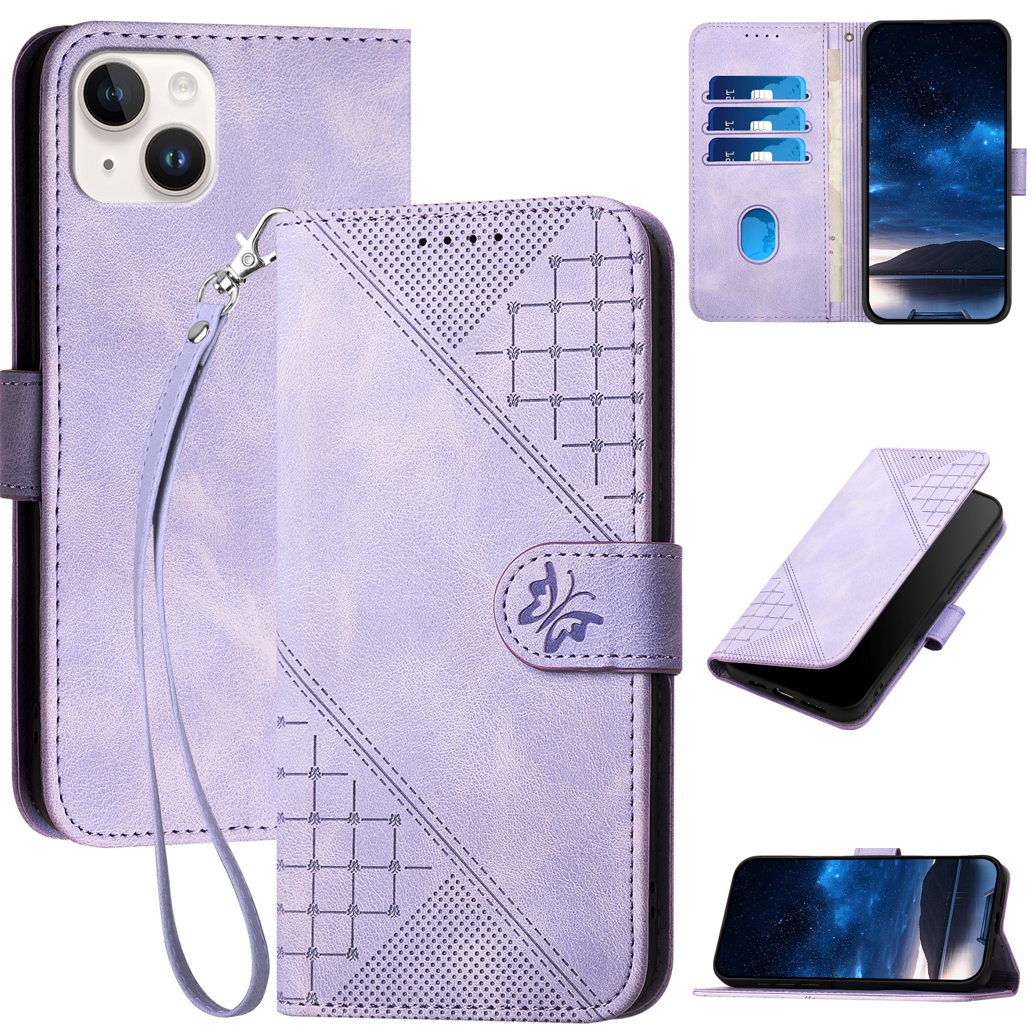 For iPhone 14 Plus YX0080 Grid Butterfly Embossed Pattern Flip Leather Phone Case with Lanyard(Light Purple) - Shopkiz.com