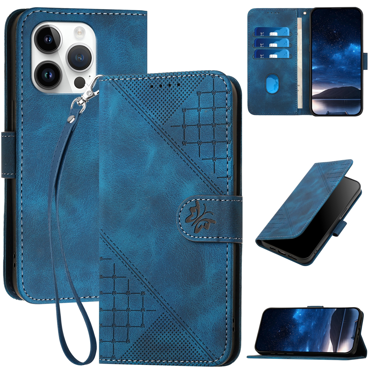 For iPhone 13 Pro YX0080 Grid Butterfly Embossed Pattern Flip Leather Phone Case with Lanyard(Dark Blue) - Shopkiz.com