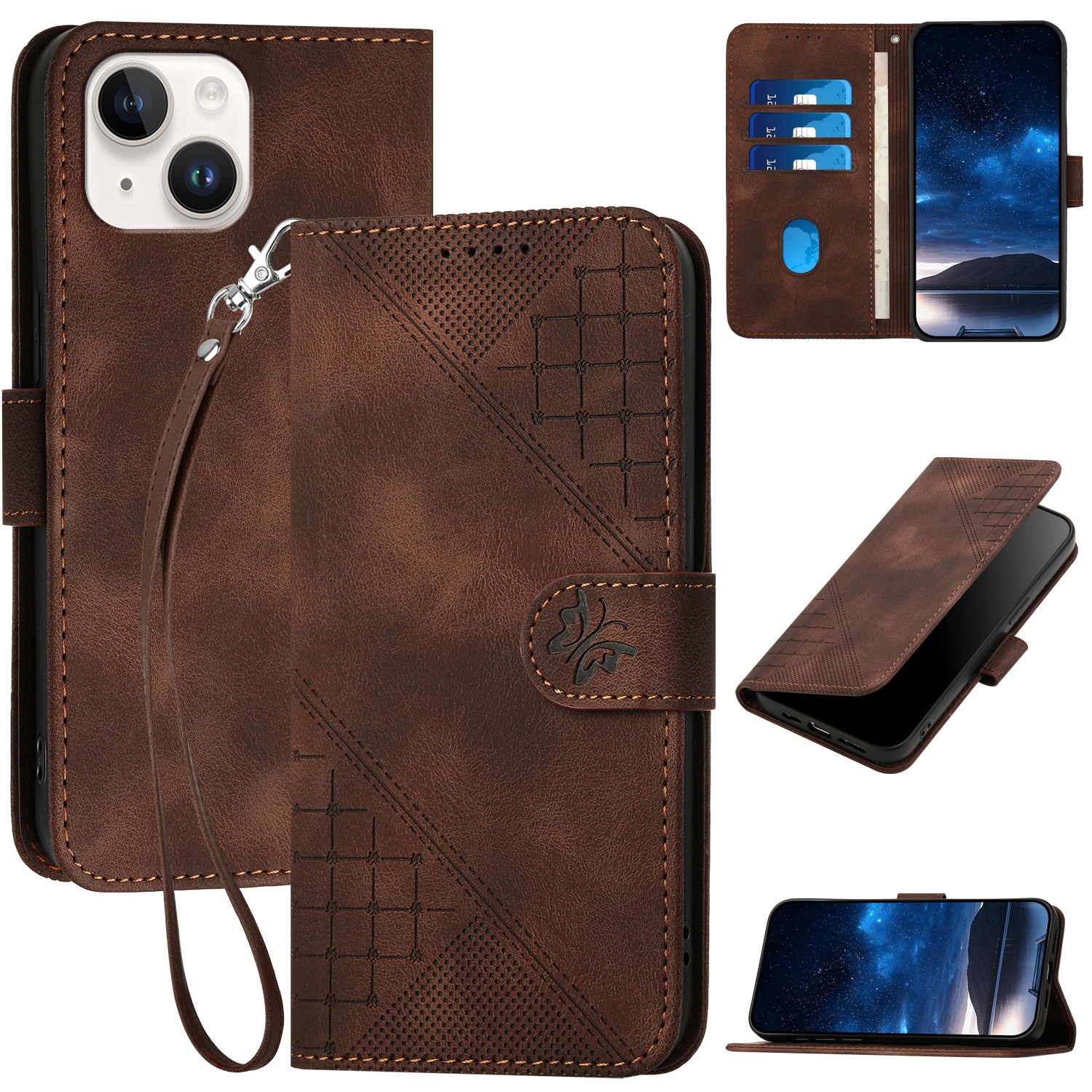 For iPhone 13 mini YX0080 Grid Butterfly Embossed Pattern Flip Leather Phone Case with Lanyard(Coffee) - Shopkiz.com