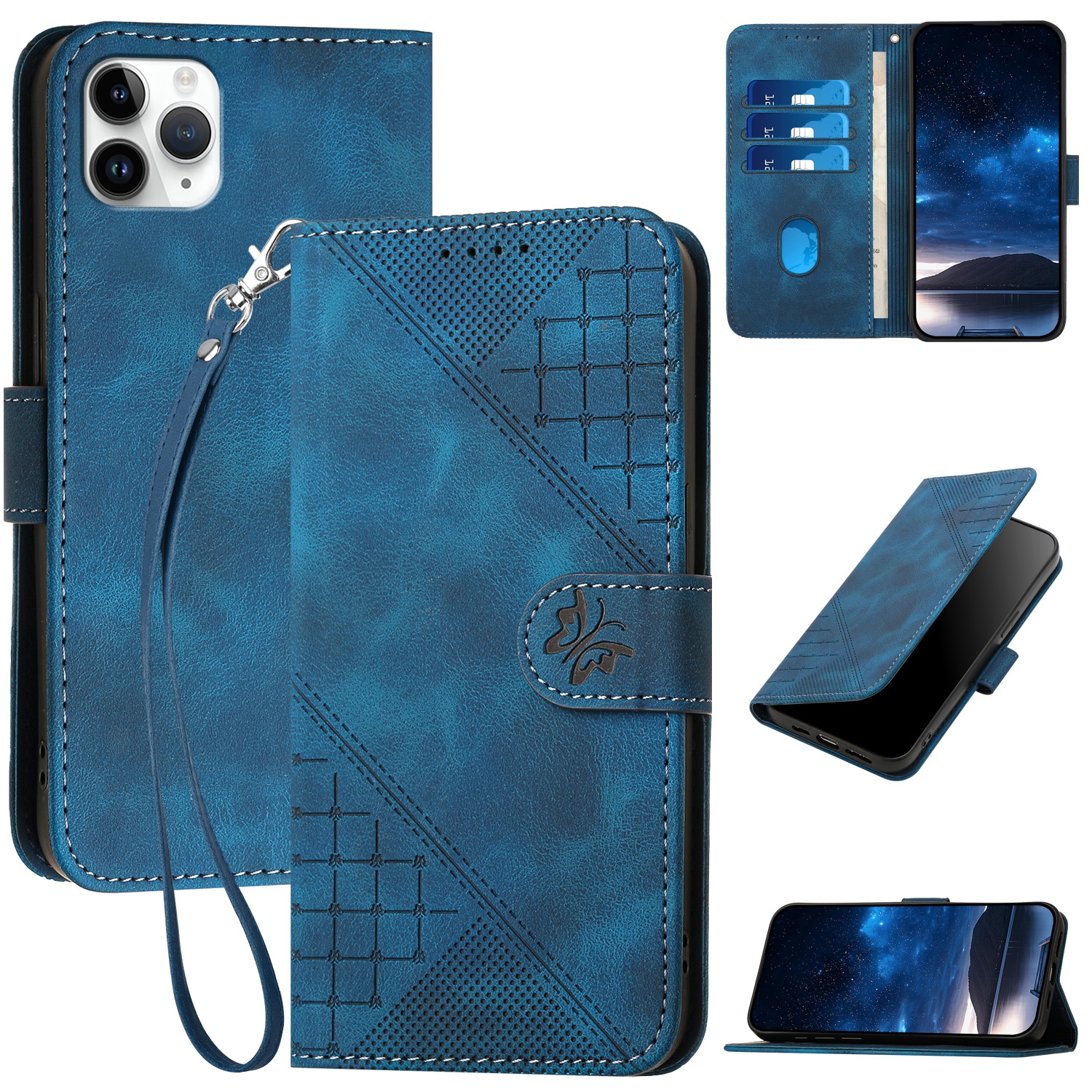 For iPhone 11 Pro Max YX0080 Grid Butterfly Embossed Pattern Flip Leather Phone Case with Lanyard(Dark Blue) - Shopkiz.com