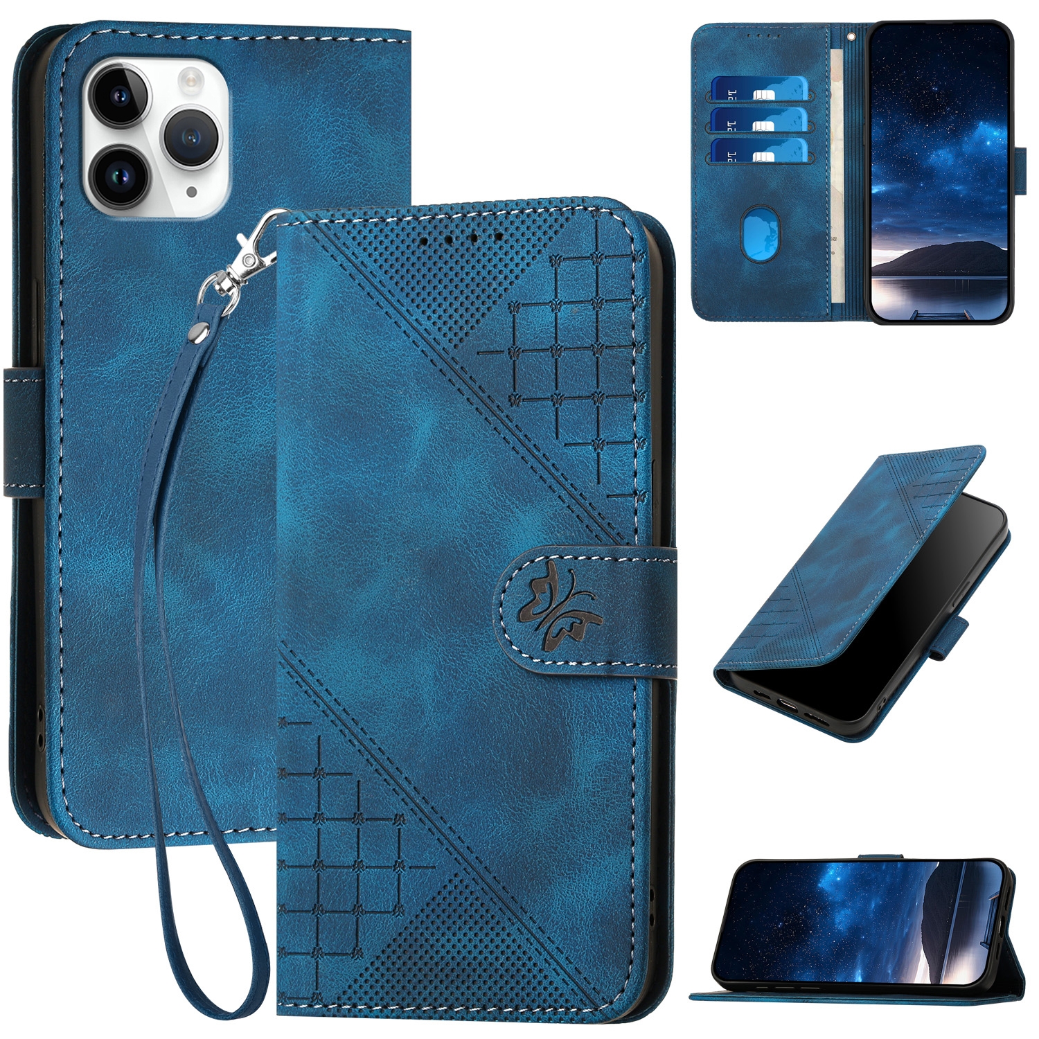 For iPhone 11 Pro YX0080 Grid Butterfly Embossed Pattern Flip Leather Phone Case with Lanyard(Dark Blue) - Shopkiz.com