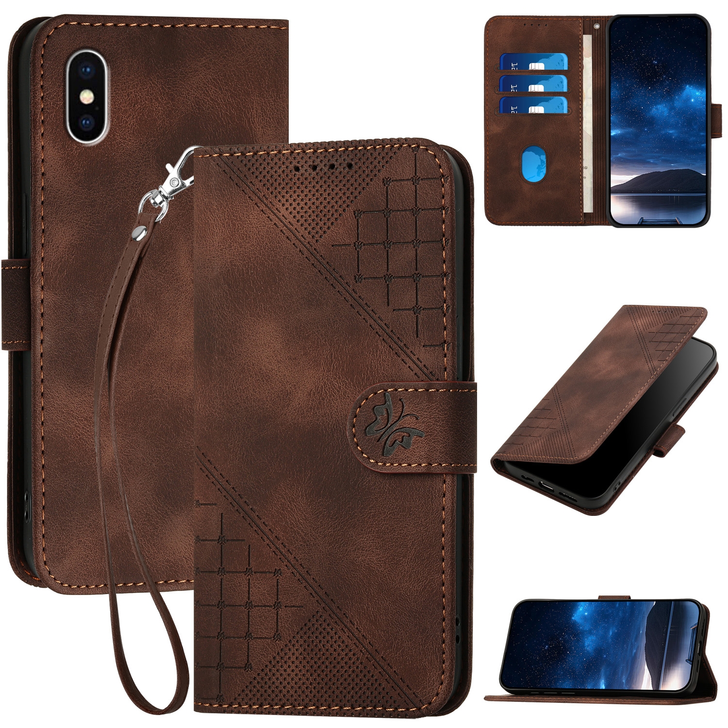 For iPhone XS / X YX0080 Grid Butterfly Embossed Pattern Flip Leather Phone Case with Lanyard(Coffee) - Shopkiz.com