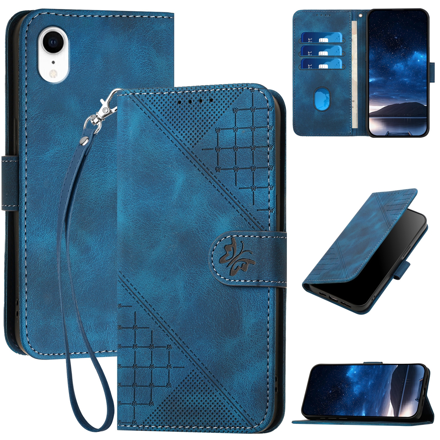 For iPhone XR YX0080 Grid Butterfly Embossed Pattern Flip Leather Phone Case with Lanyard(Dark Blue) - Shopkiz.com
