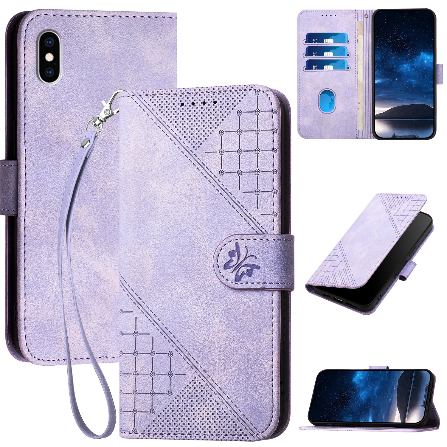 For iPhone XS Max YX0080 Grid Butterfly Embossed Pattern Flip Leather Phone Case with Lanyard(Light Purple) - Shopkiz.com