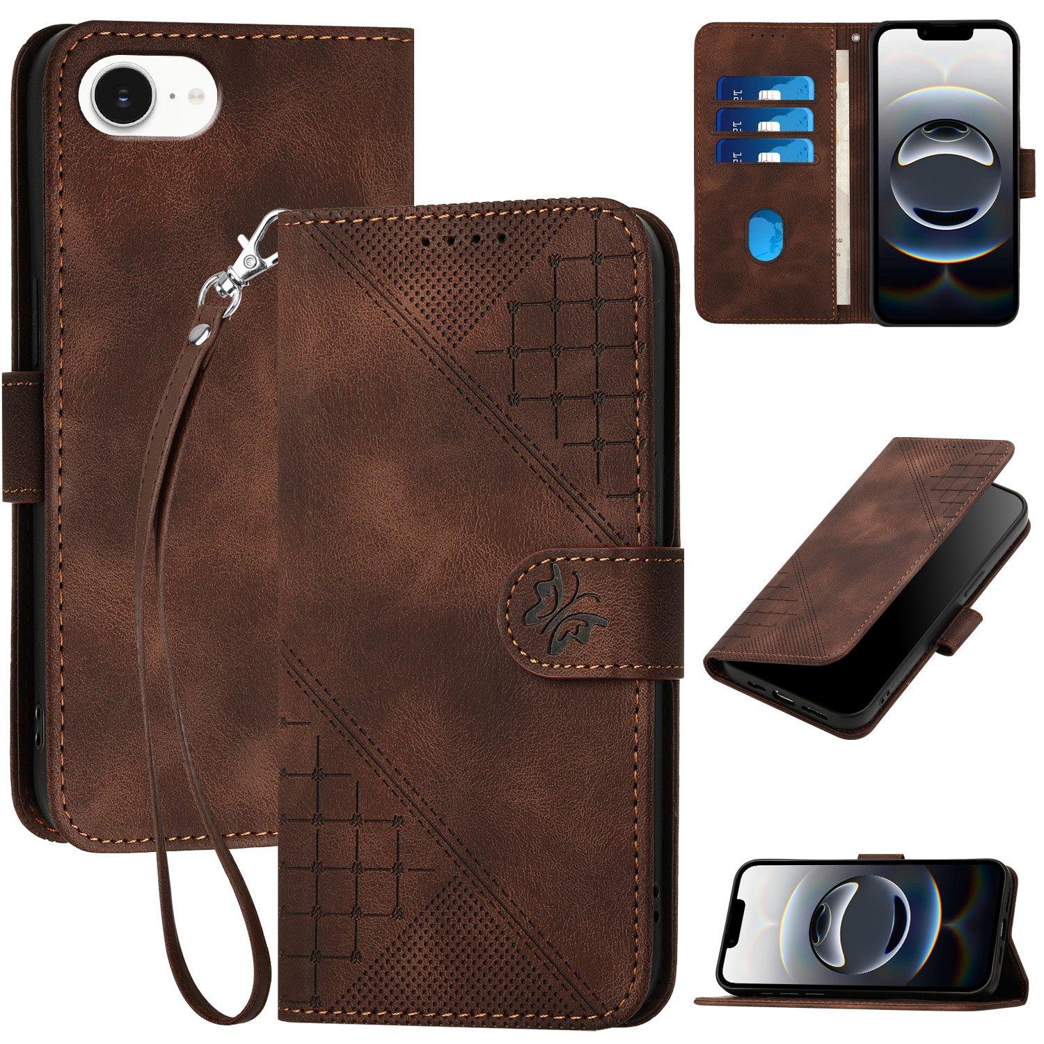 For iPhone 17e / 16e YX0080 Grid Butterfly Embossed Pattern Flip Leather Phone Case with Lanyard(Coffee) - Shopkiz.com