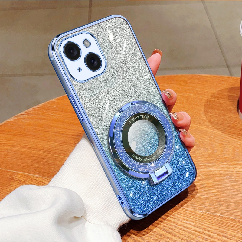 For iPhone 15 Plated Gradient Glitter Round Holder TPU Phone Case(Sierra Blue) - Shopkiz.com
