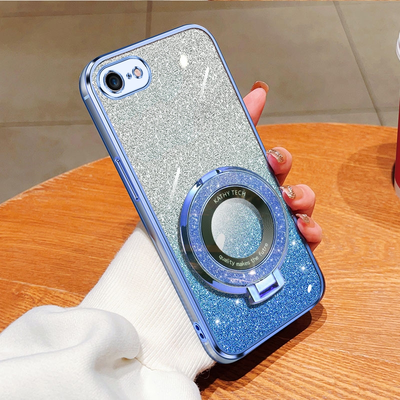 For iPhone 7 / 8 / SE 2022 Plated Gradient Glitter Round Holder TPU Phone Case(Sierra Blue) - Shopkiz.com