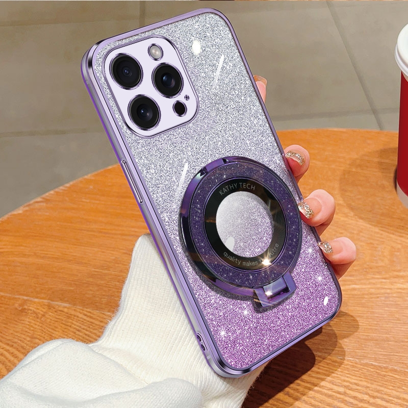 For iPhone 13 Pro Max Plated Gradient Glitter Round Holder TPU Phone Case(Purple) - Shopkiz.com