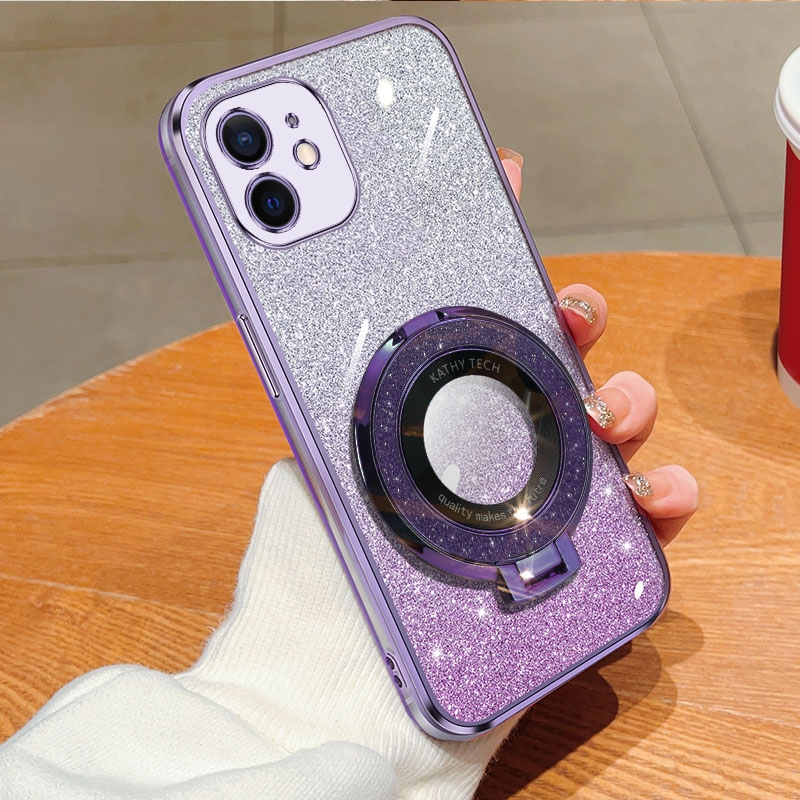 For iPhone 12 mini Plated Gradient Glitter Round Holder TPU Phone Case(Purple) - Shopkiz.com