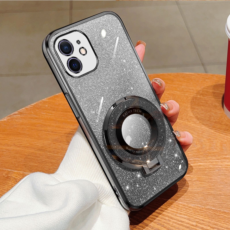 For iPhone 12 mini Plated Gradient Glitter Round Holder TPU Phone Case(Black) - Shopkiz.com