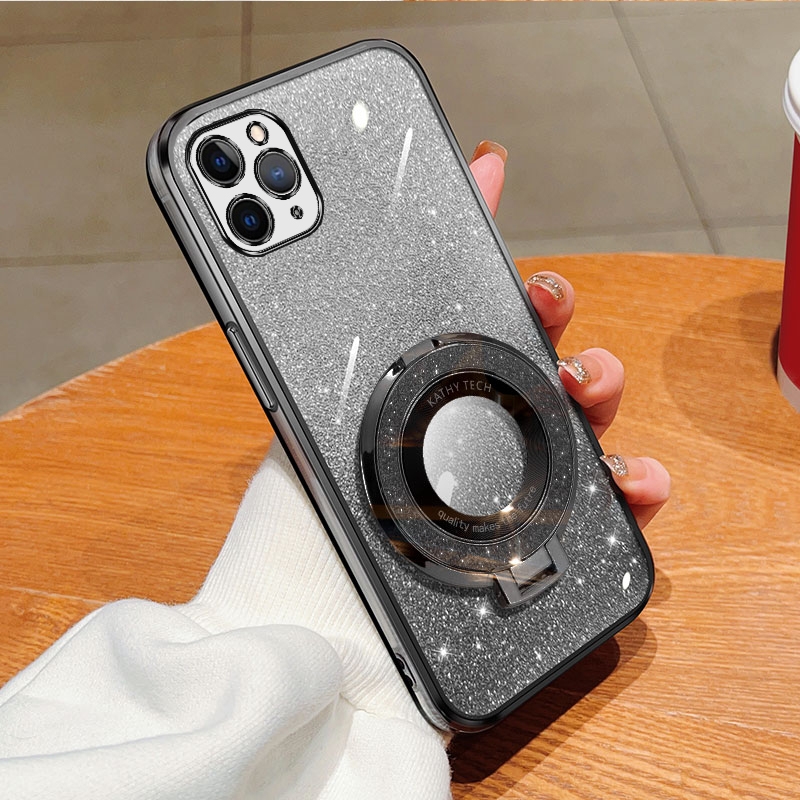 For iPhone 11 Pro Plated Gradient Glitter Round Holder TPU Phone Case(Black) - Shopkiz.com