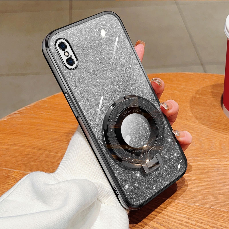 For iPhone XS Max Plated Gradient Glitter Round Holder TPU Phone Case(Black) - Shopkiz.com
