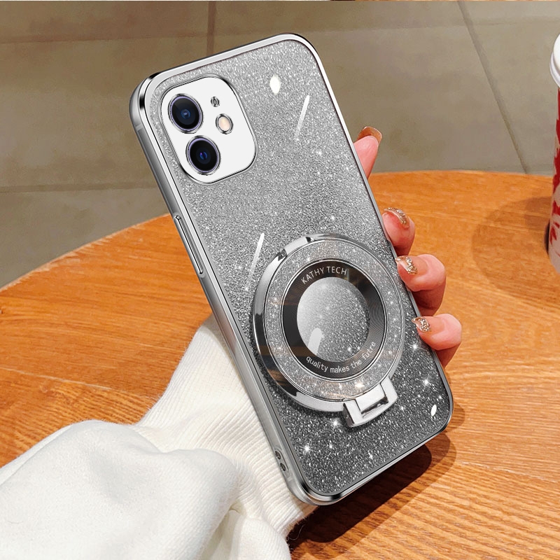 For iPhone 12 Plated Gradient Glitter Round Holder TPU Phone Case(Silver) - Shopkiz.com