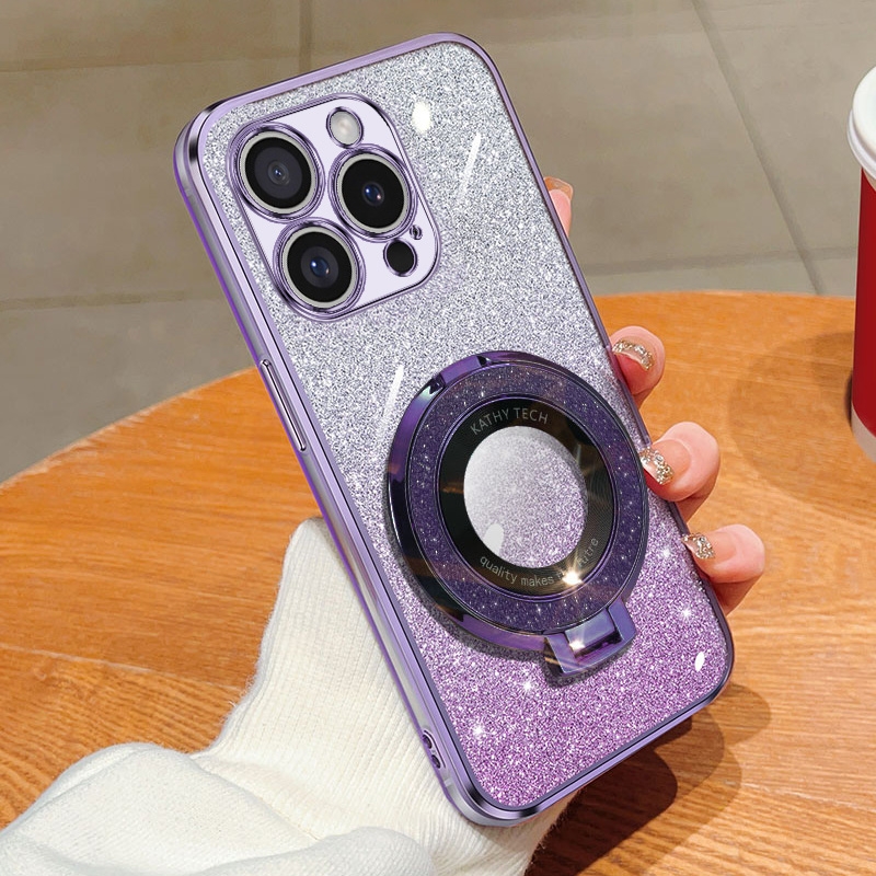 For iPhone 16 Pro Max Plated Gradient Glitter Round Holder TPU Phone Case(Purple) - Shopkiz.com
