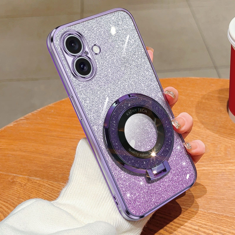 For iPhone 16 Plated Gradient Glitter Round Holder TPU Phone Case(Purple) - Shopkiz.com