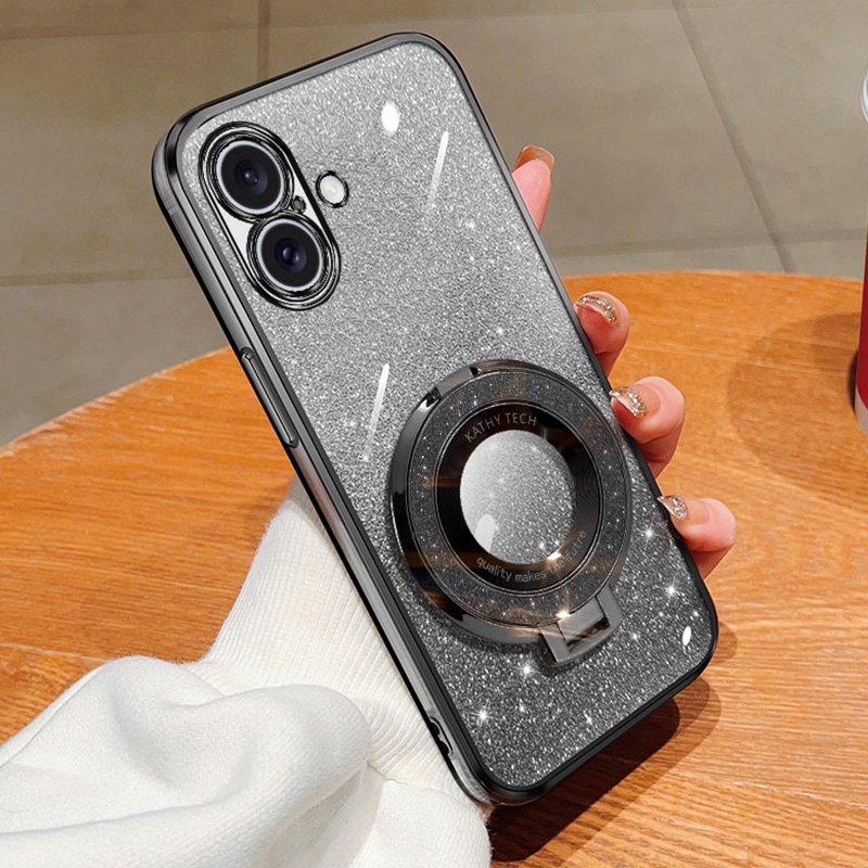 For iPhone 16 Plated Gradient Glitter Round Holder TPU Phone Case(Black) - Shopkiz.com