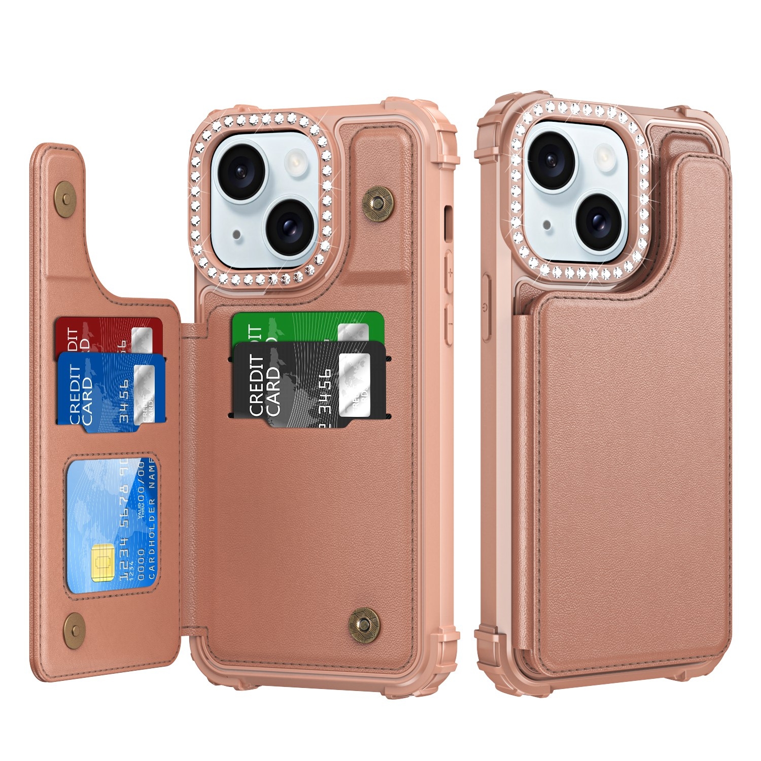For iPhone 15 Diamond Horizontal Card Bag Leather Phone Case(Rose Gold) - Shopkiz.com