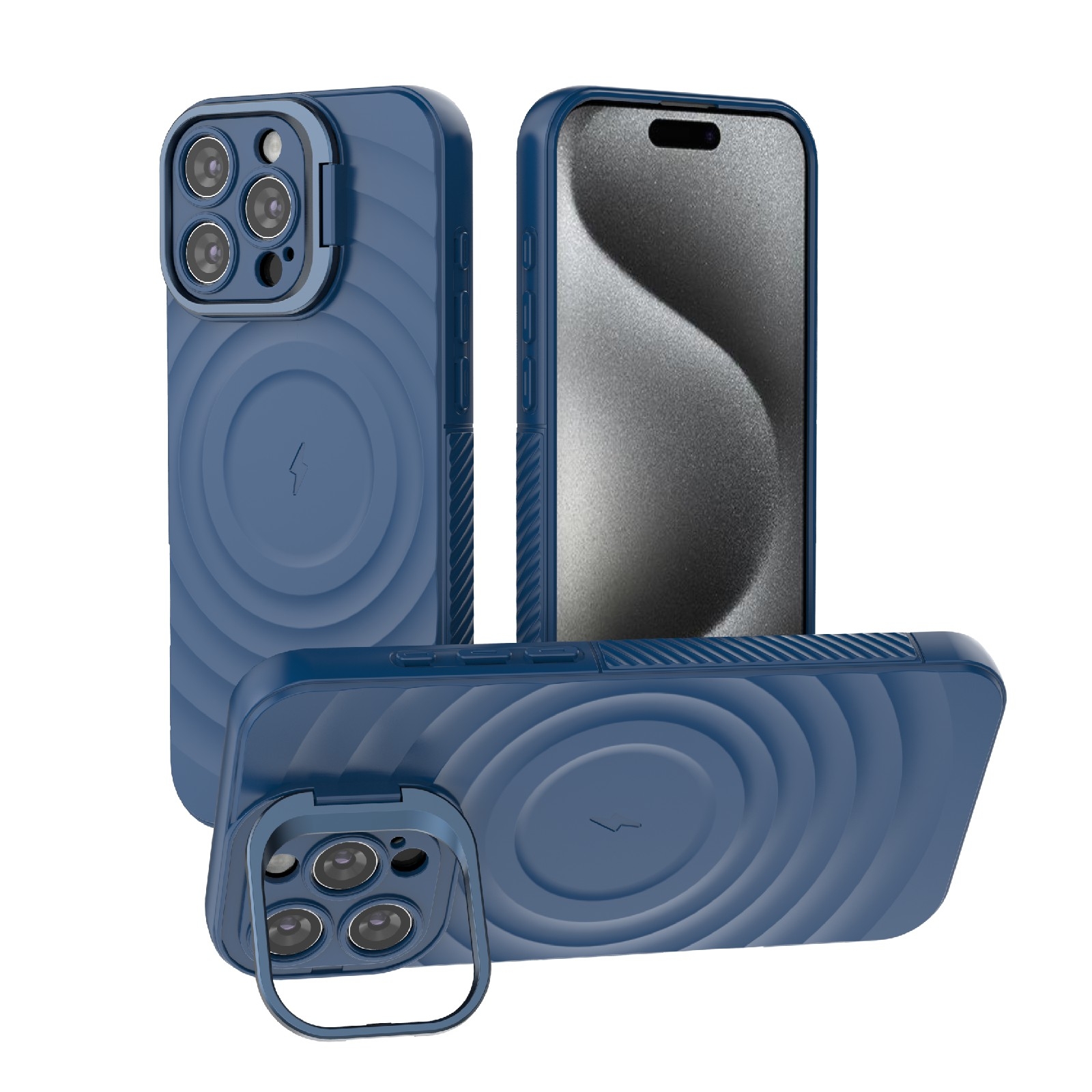 For iPhone 16 Pro Max Lens Frame Bracket Corrugated MagSafe Phone Case(Dark Blue) - Shopkiz.com