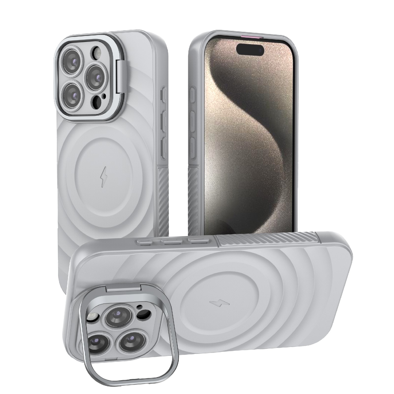 For iPhone 16 Pro Lens Frame Bracket Corrugated MagSafe Phone Case(Grey) - Shopkiz.com