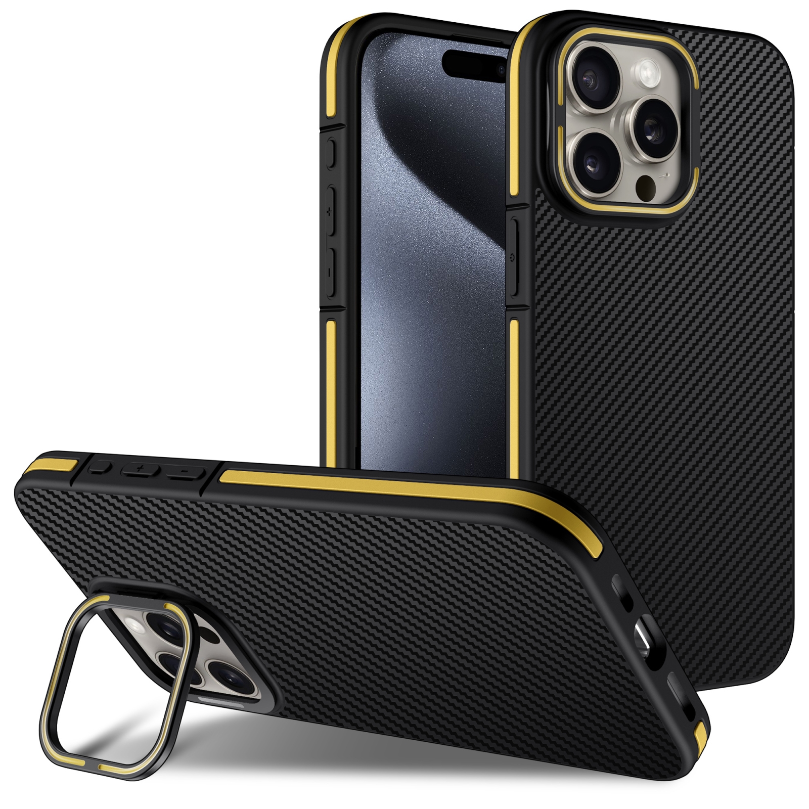 For iPhone 14 Pro Max Carbon Fiber Texture Lens Holder TPU Phone Case(Yellow) - Shopkiz.com