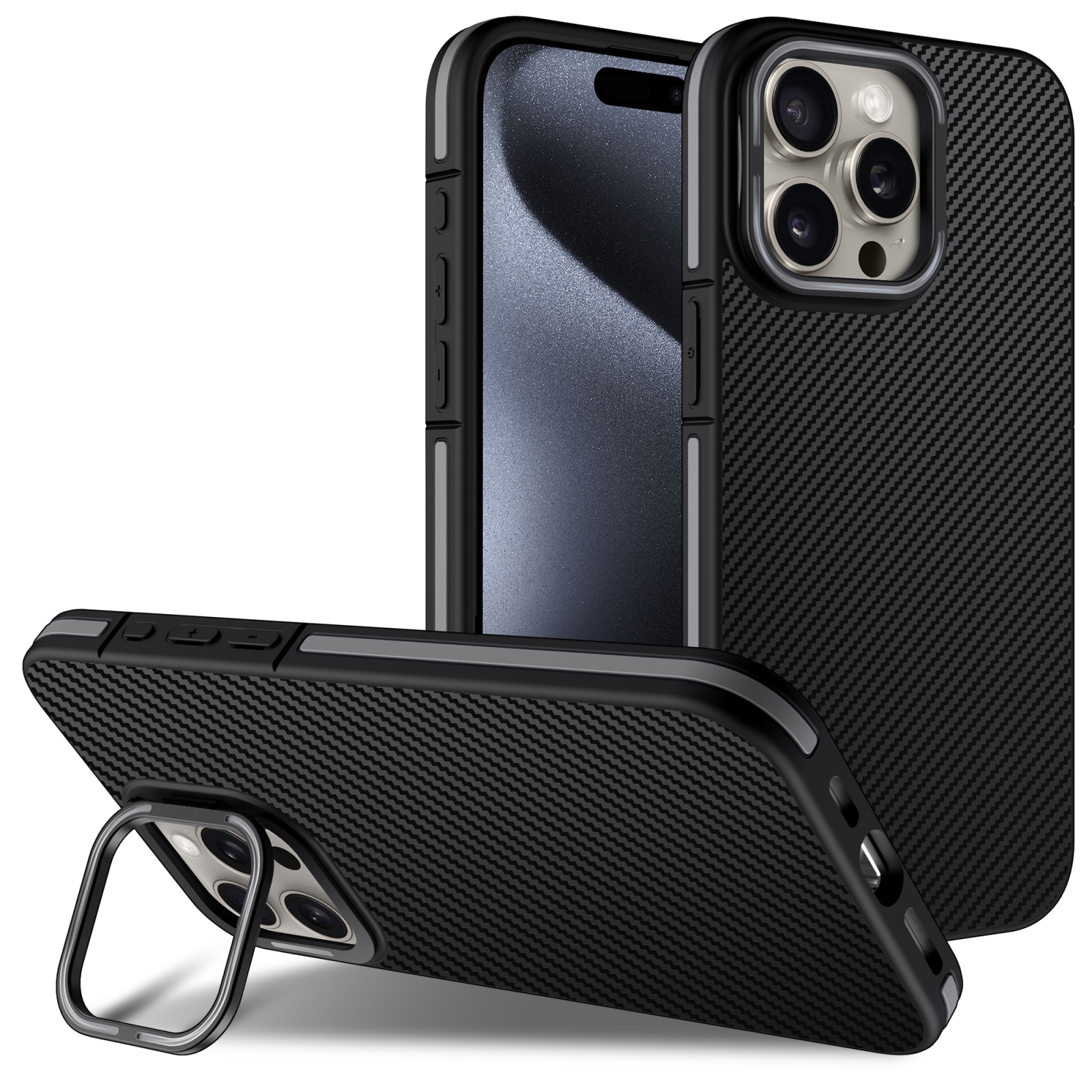 For iPhone 16 Pro Max Carbon Fiber Texture Lens Holder TPU Phone Case(Grey) - Shopkiz.com