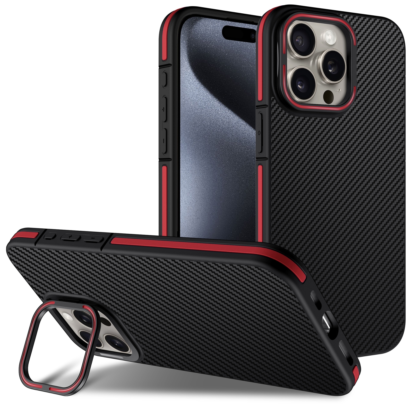 For iPhone 15 Pro Max Carbon Fiber Texture Lens Holder TPU Phone Case(Red) - Shopkiz.com