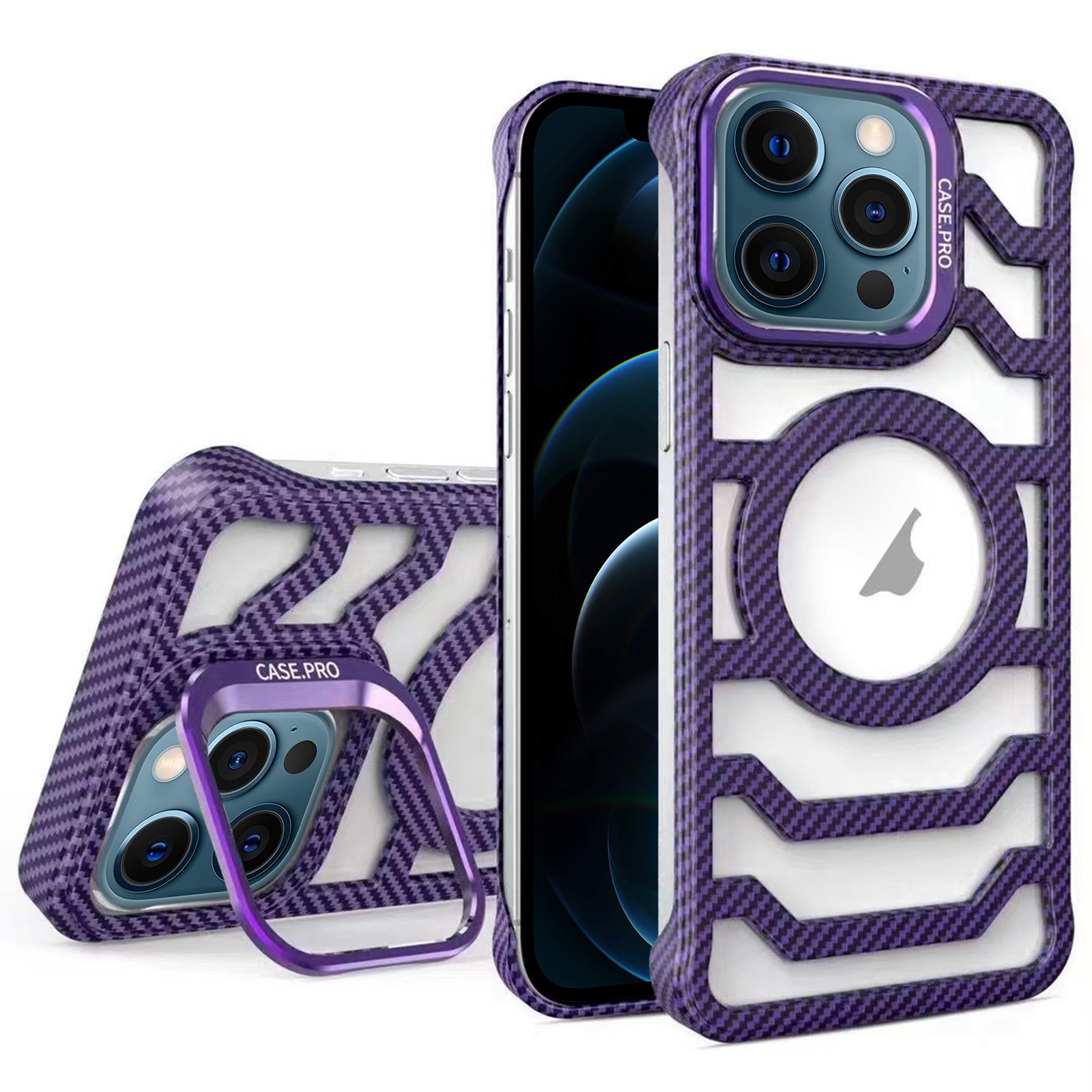 For iPhone 12 Pro Max Borderless Carbon Fiber Lens Protection Bracket MagSafe Phone Case(Purple) - Shopkiz.com