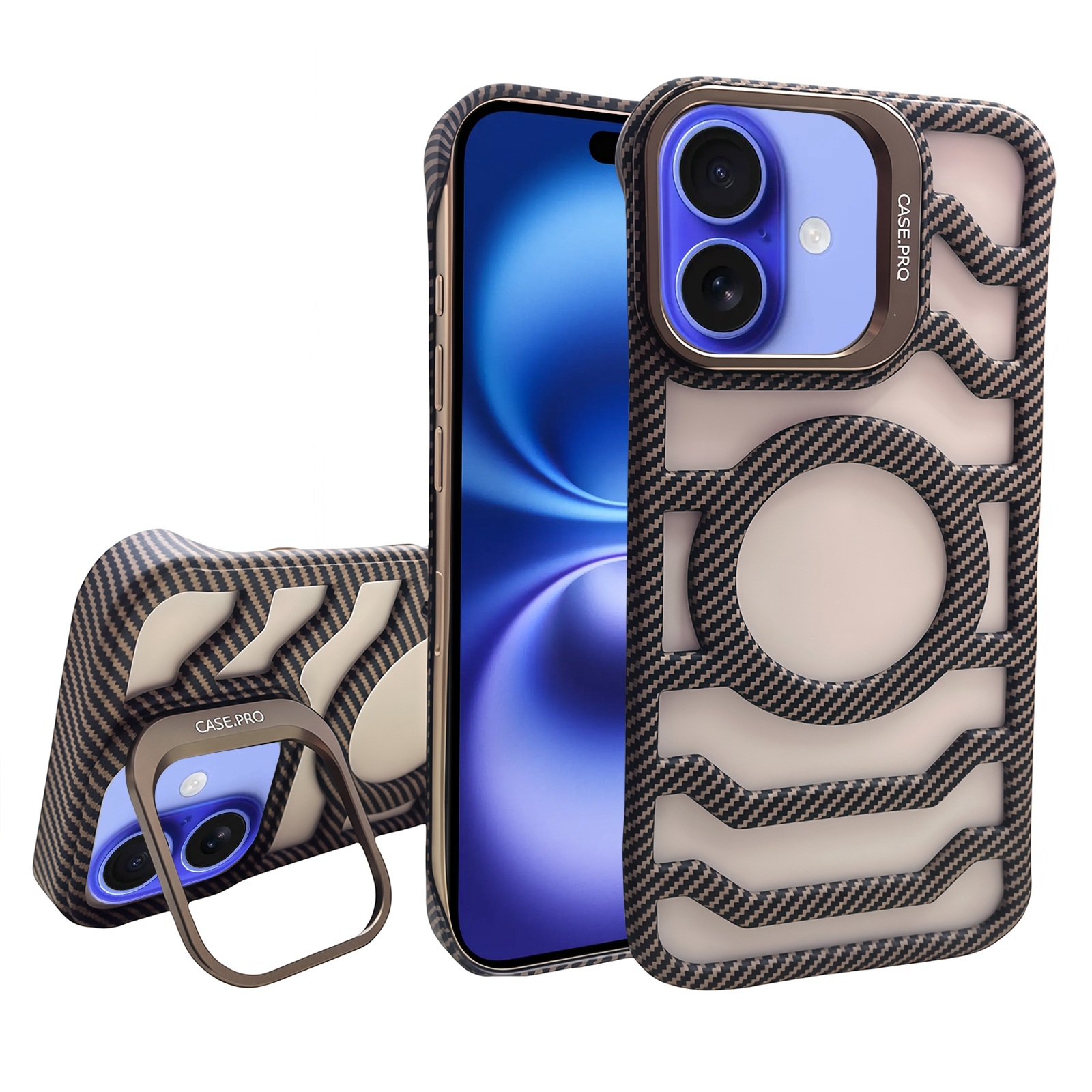 For iPhone 16 Borderless Carbon Fiber Lens Protection Bracket MagSafe Phone Case(Gold) - Shopkiz.com