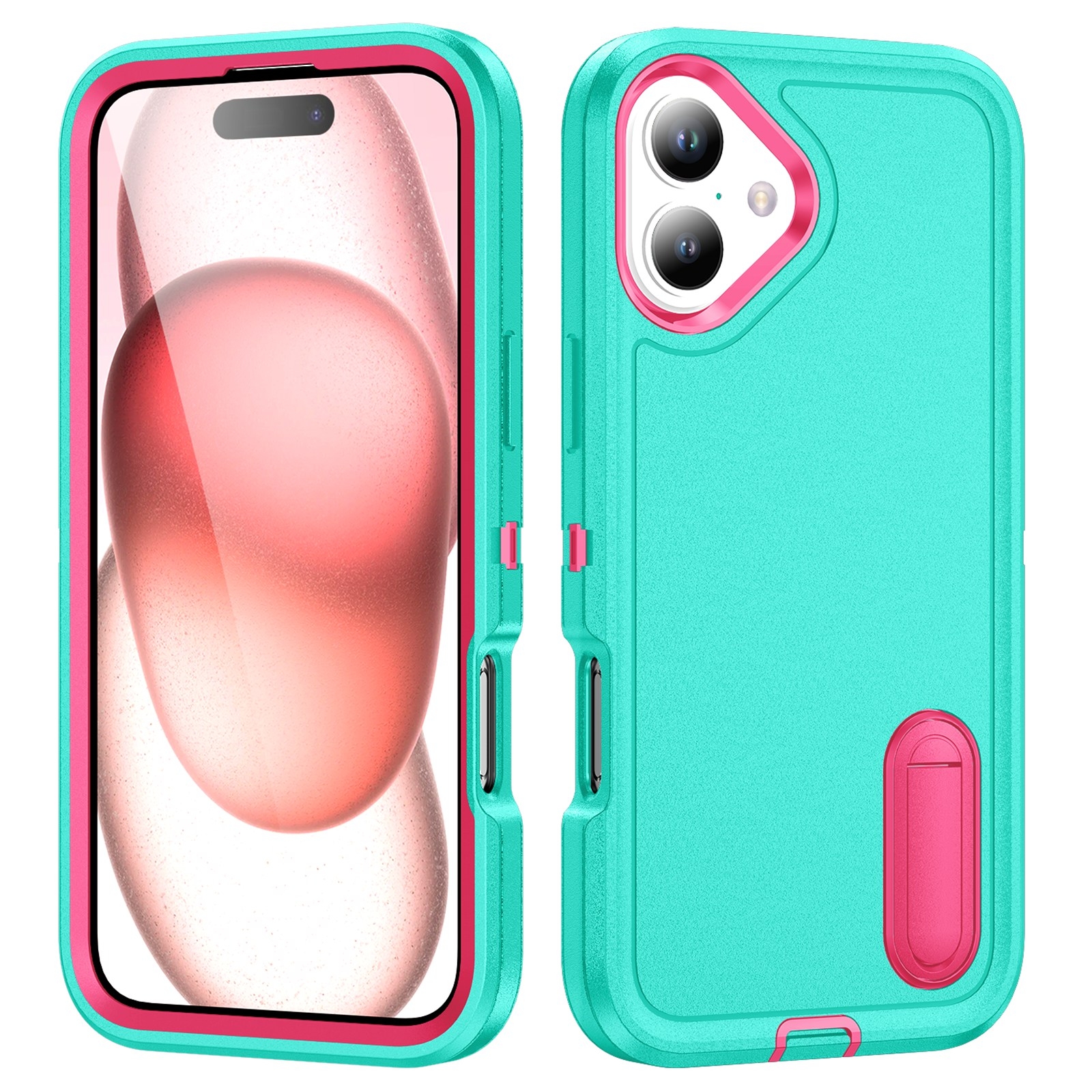 For iPhone 16 Rugged PC + Silicone Phone Case with Holder(Light Green+Rose Red) - Shopkiz.com