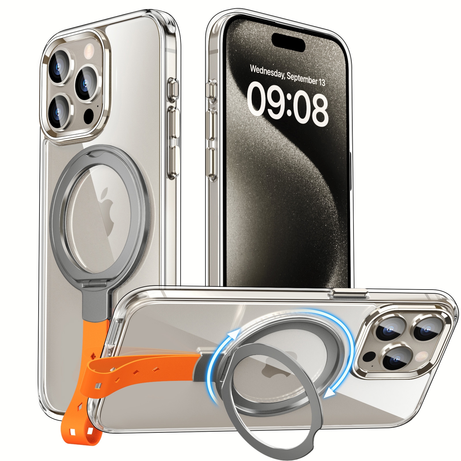 For iPhone 15 Pro Holder Hand Strap MagSafe Transparent Phone Case(Titanium Grey + Orange Strap) - Shopkiz.com