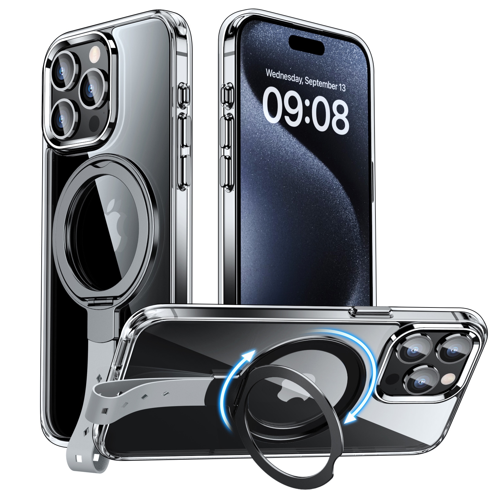 For iPhone 15 Pro Max Holder Hand Strap MagSafe Transparent Phone Case(Transparent Black + Grey Strap) - Shopkiz.com