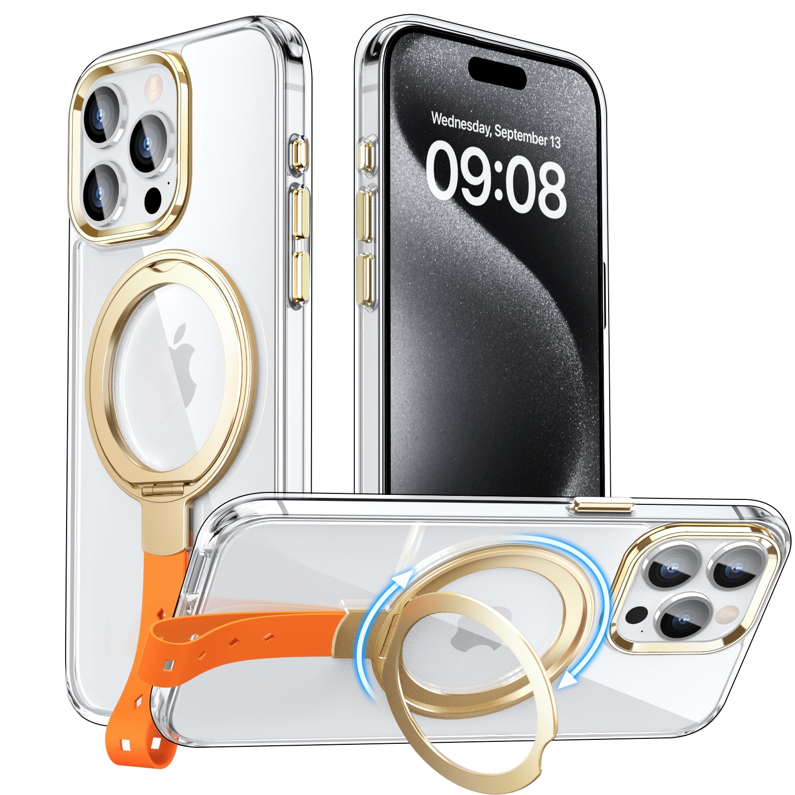 For iPhone 15 Pro Max Holder Hand Strap MagSafe Transparent Phone Case(Transparent Gold + Orange Strap) - Shopkiz.com