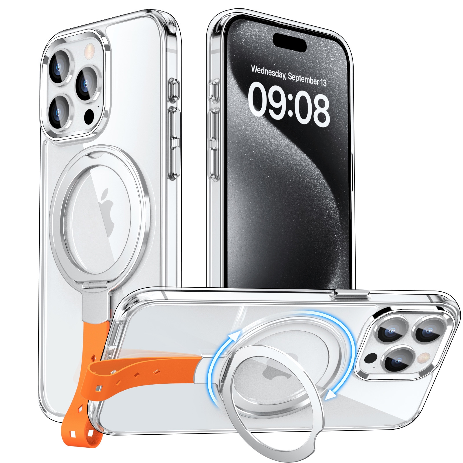 For iPhone 15 Pro Max Holder Hand Strap MagSafe Transparent Phone Case(Transparent Silver + Orange Strap) - Shopkiz.com