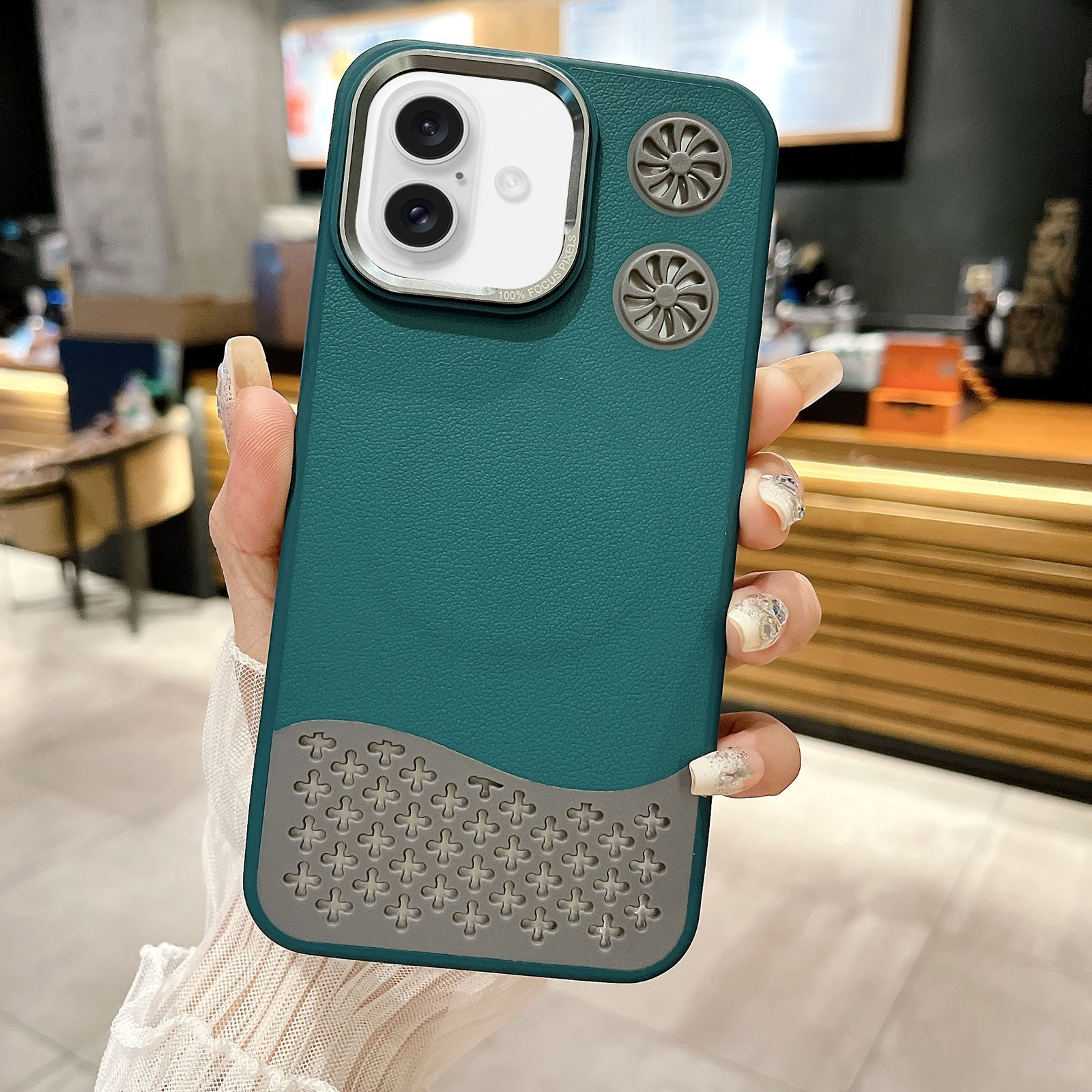 For iPhone 16 Leather Textured Fan Hollow Cooling MagSafe Magnetic Phone Case(Green) - Shopkiz.com
