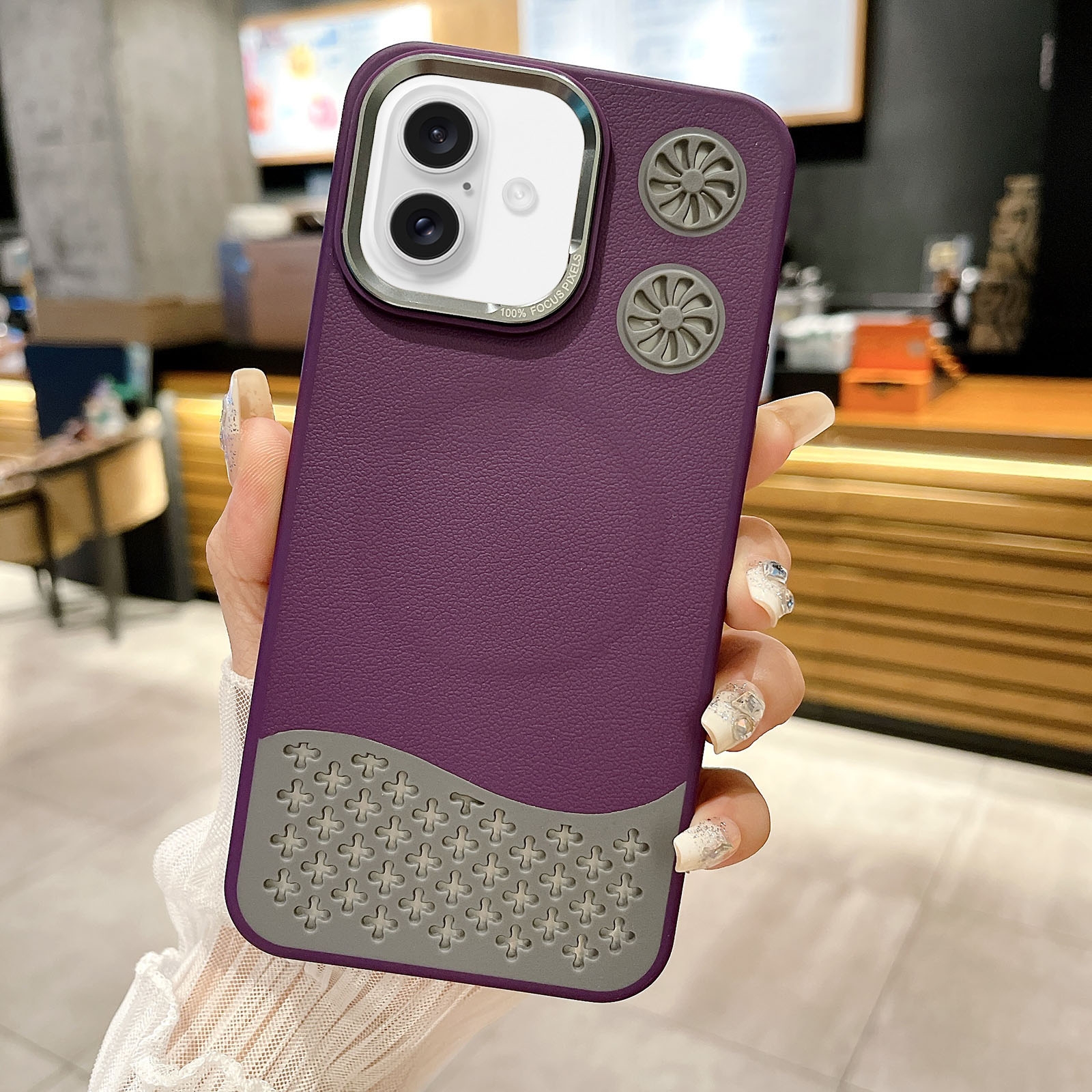 For iPhone 16 Plus Leather Textured Fan Hollow Cooling MagSafe Magnetic Phone Case(Purple) - Shopkiz.com