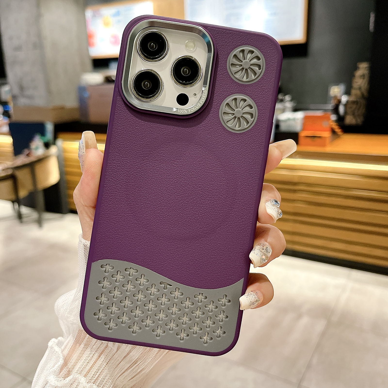 For iPhone 16 Pro Leather Textured Fan Hollow Cooling MagSafe Magnetic Phone Case(Purple) - Shopkiz.com