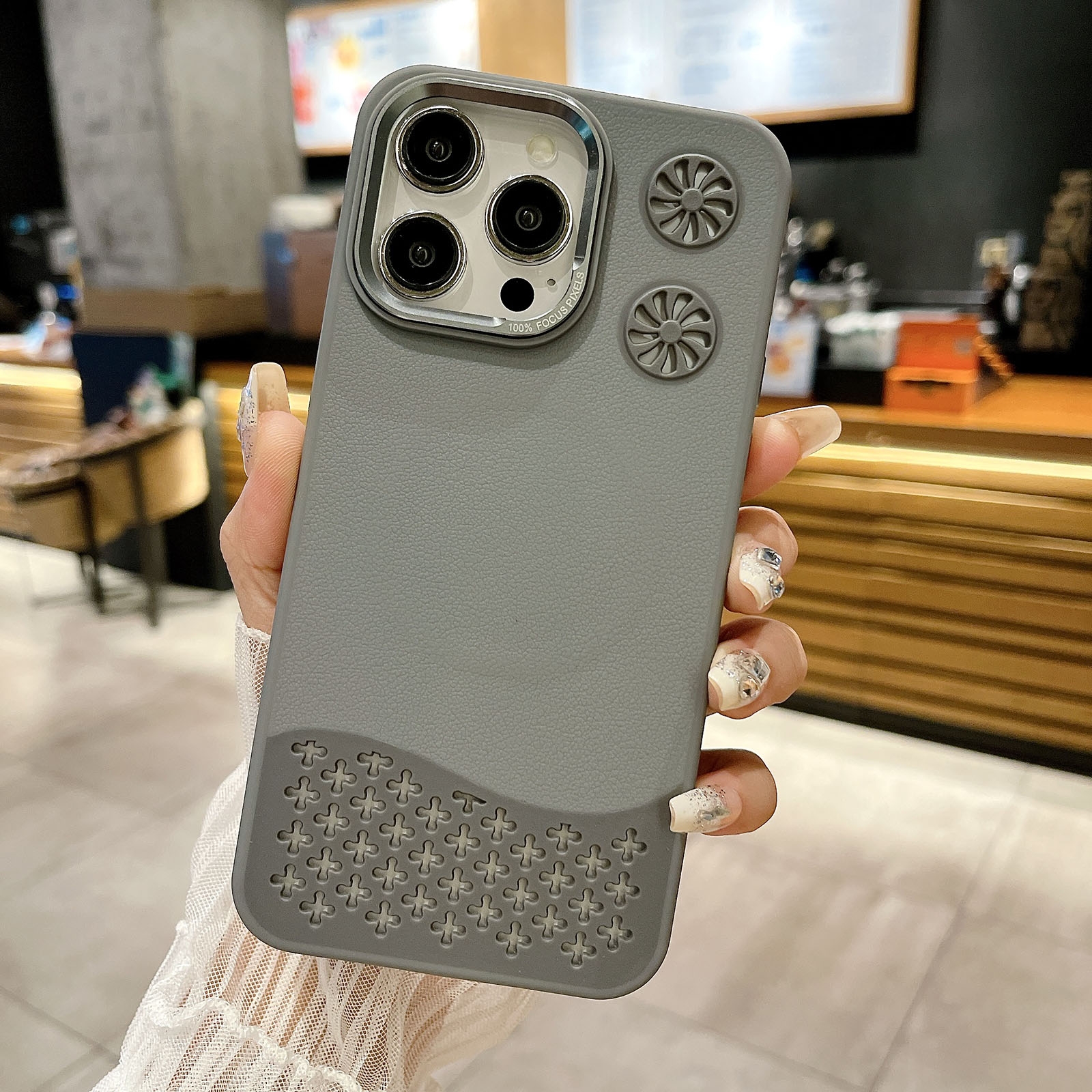 For iPhone 15 Pro Max Leather Textured Fan Hollow Cooling MagSafe Magnetic Phone Case(Grey) - Shopkiz.com