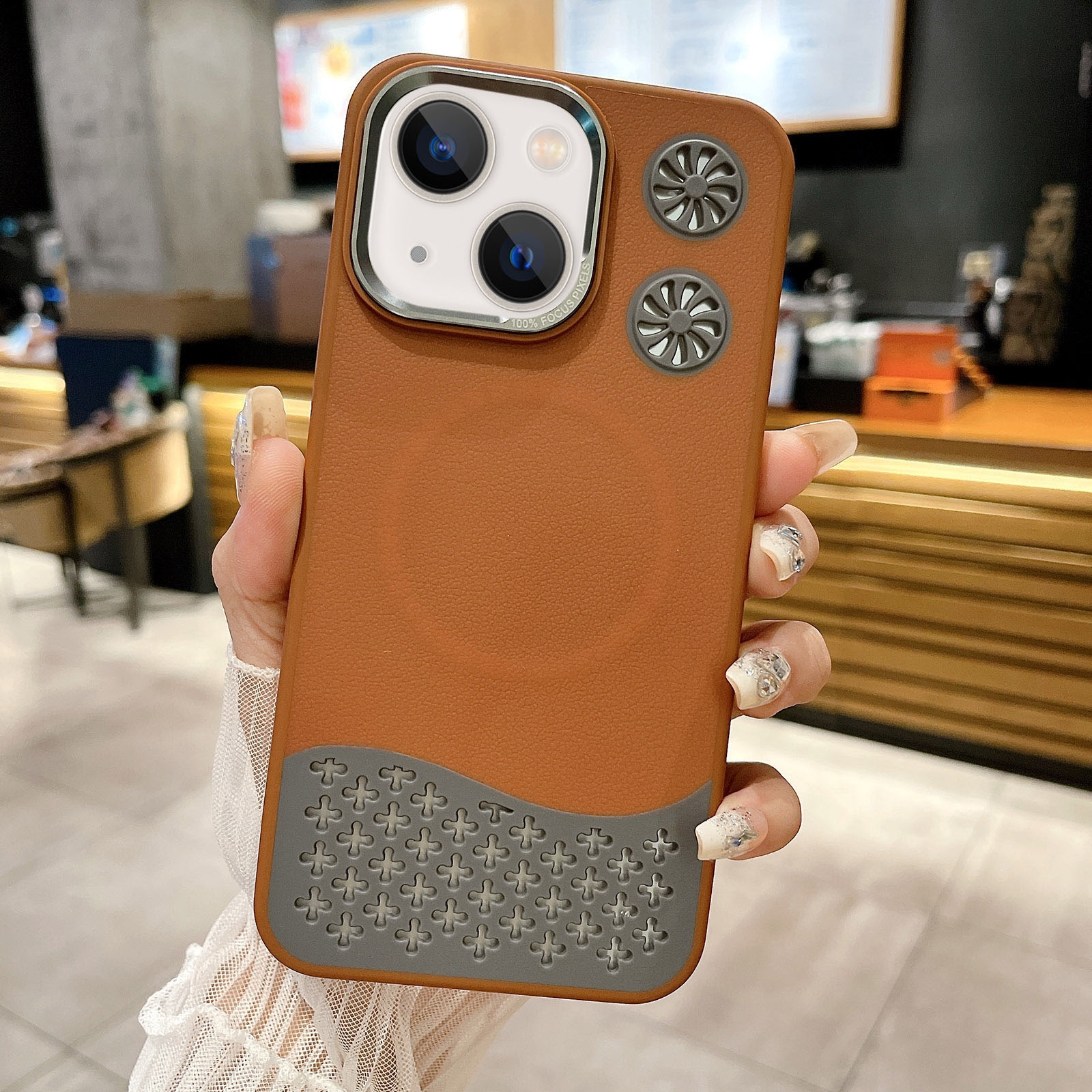 For iPhone 15 Plus Leather Textured Fan Hollow Cooling MagSafe Magnetic Phone Case(Brown) - Shopkiz.com