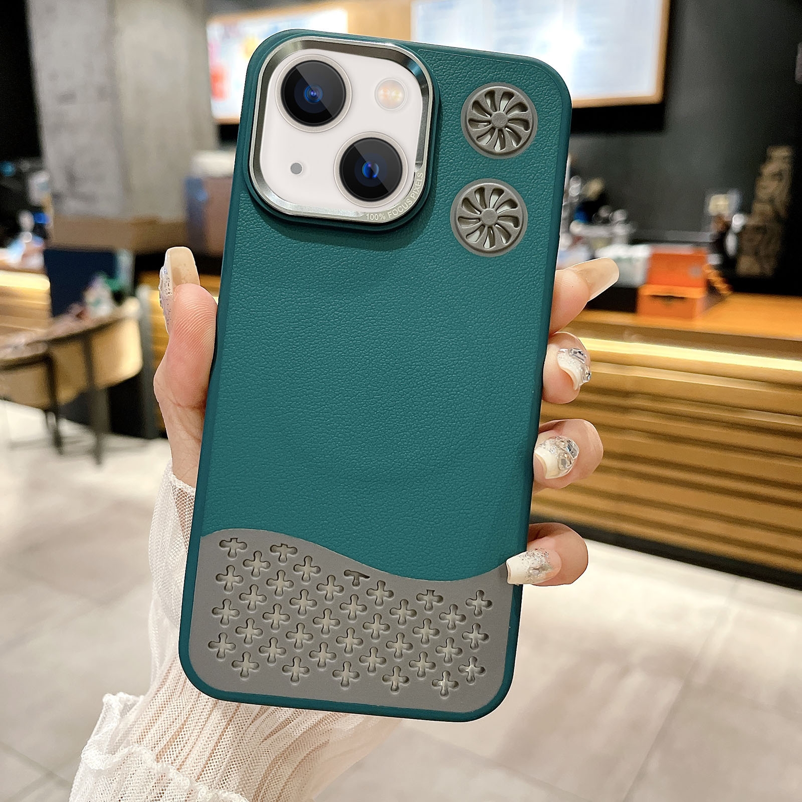 For iPhone 14 Plus Leather Textured Fan Hollow Cooling MagSafe Magnetic Phone Case(Green) - Shopkiz.com