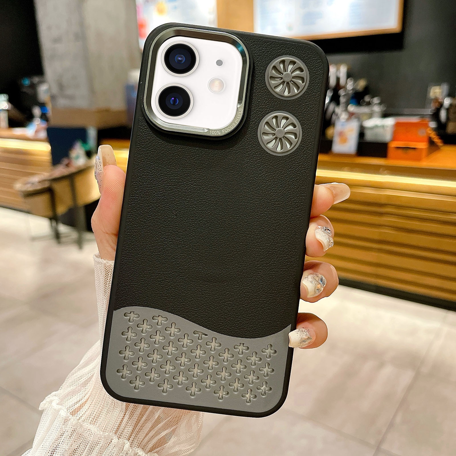 For iPhone 12 Leather Textured Fan Hollow Cooling MagSafe Magnetic Phone Case(Black) - Shopkiz.com