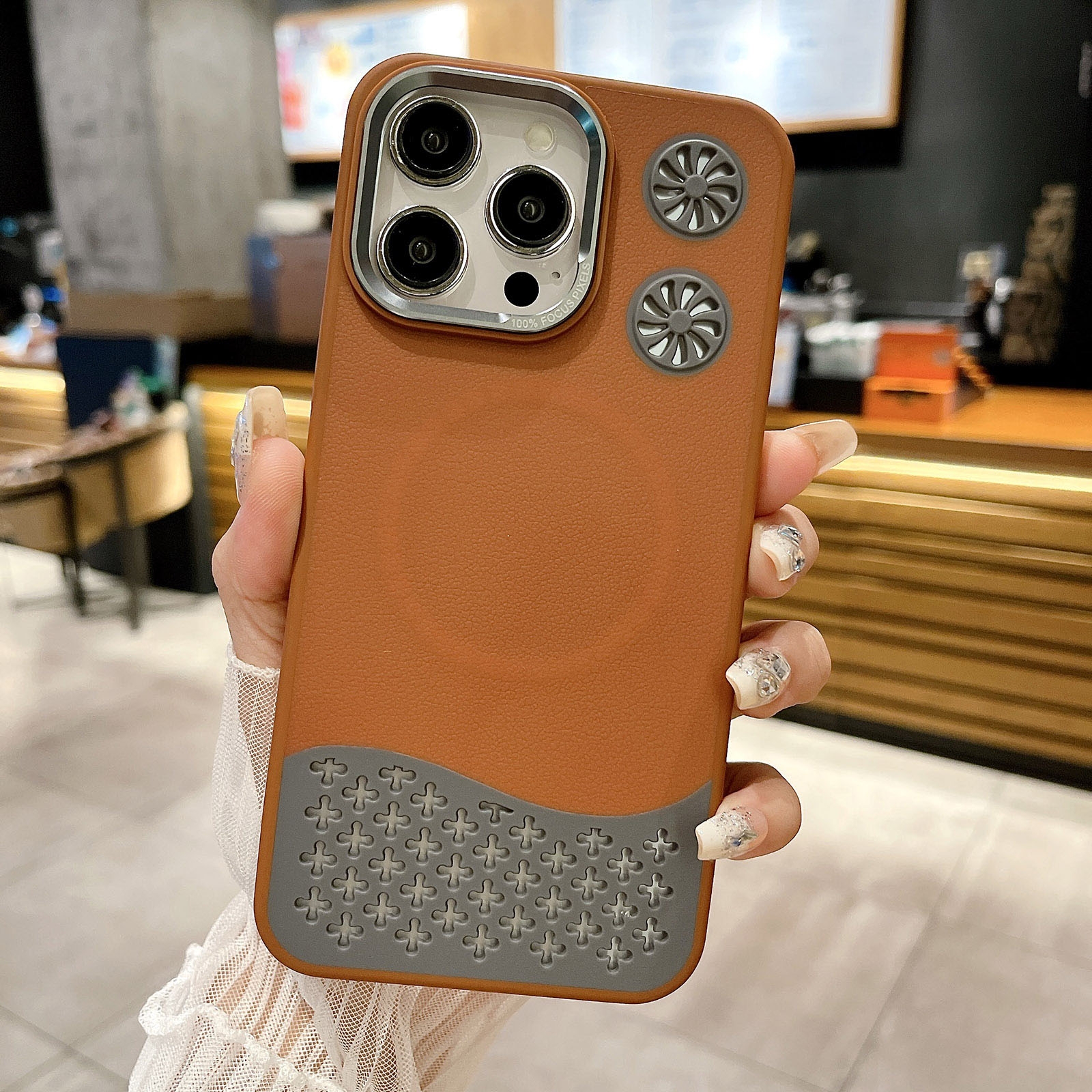 For iPhone 12 Pro Leather Textured Fan Hollow Cooling MagSafe Magnetic Phone Case(Brown) - Shopkiz.com
