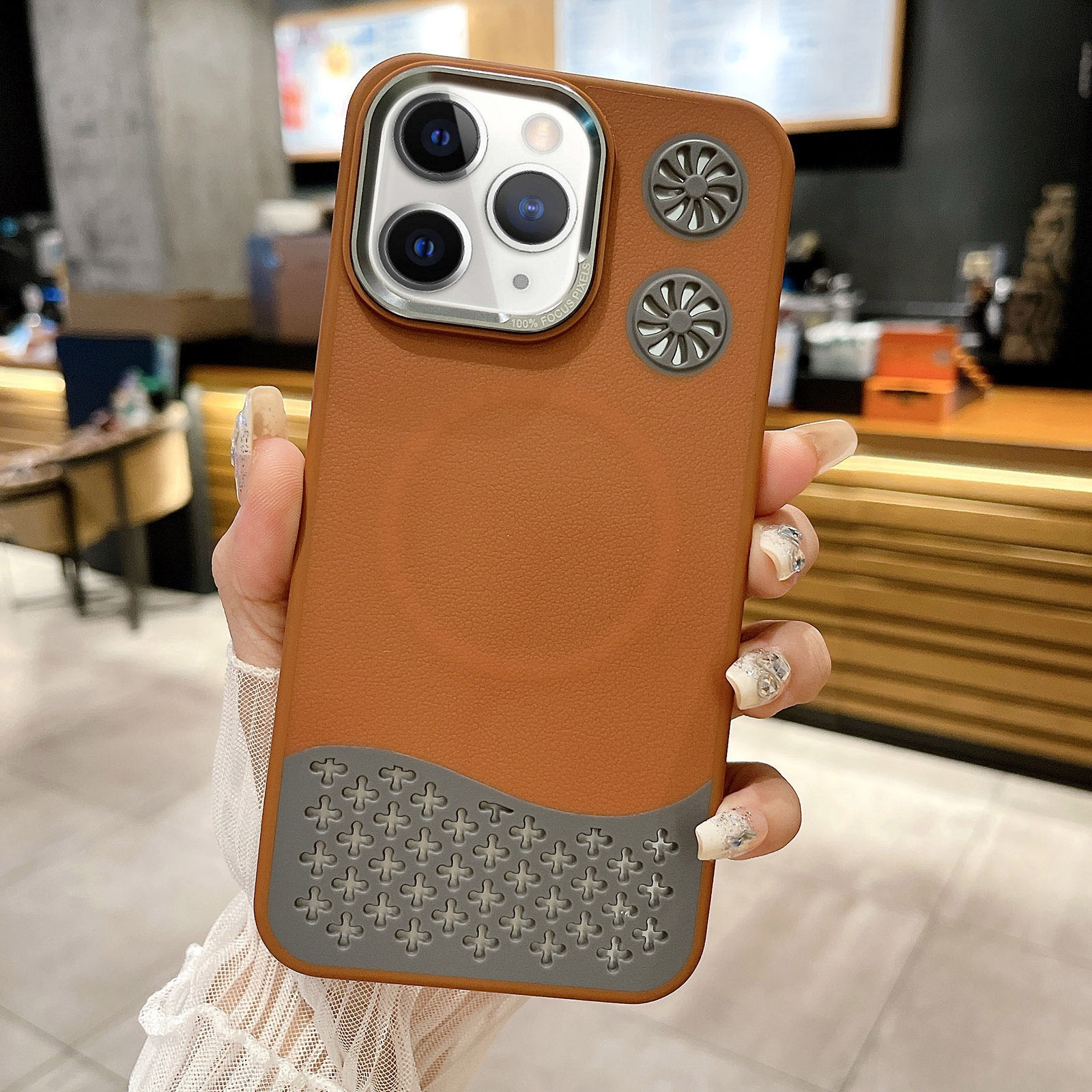 For iPhone 11 Pro Max Leather Textured Fan Hollow Cooling MagSafe Magnetic Phone Case(Brown) - Shopkiz.com
