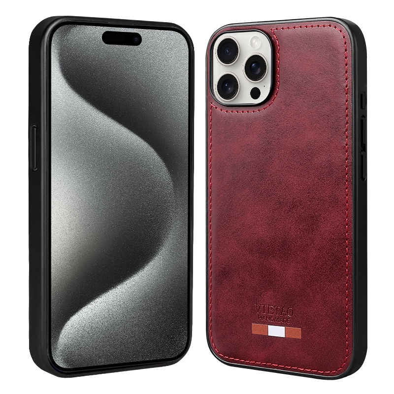 For iPhone 15 Pro Max VIETAO Plain Leather Stitching PU Phone Case(Red) - Shopkiz.com