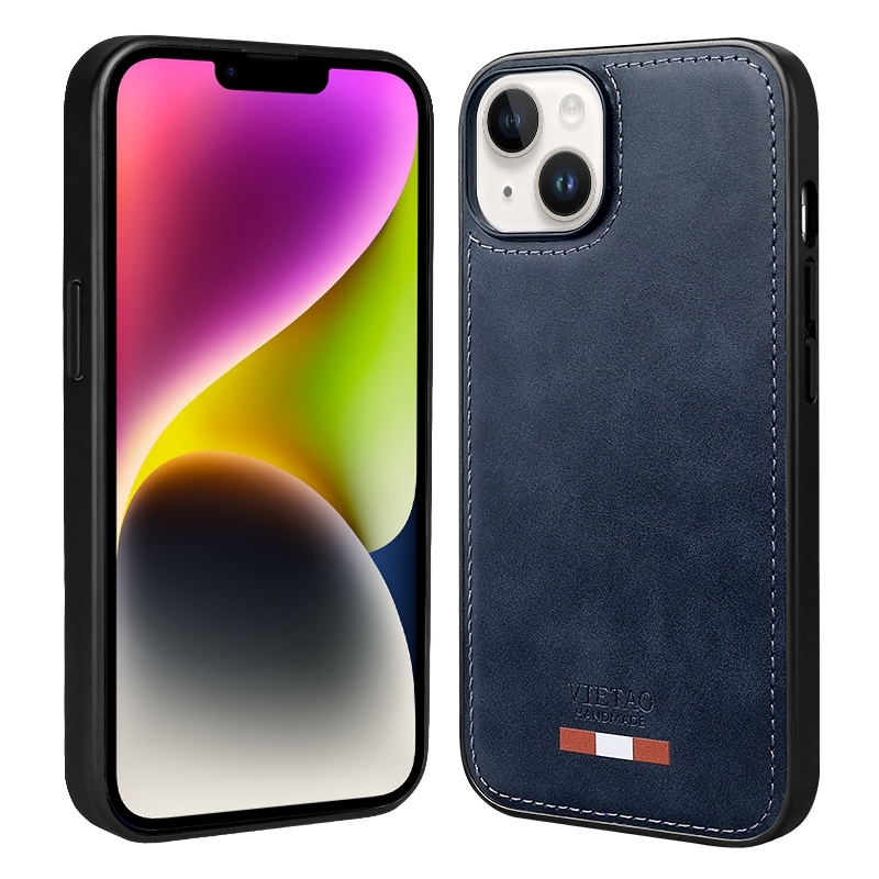 For iPhone 14 VIETAO Plain Leather Stitching PU Phone Case(Blue) - Shopkiz.com