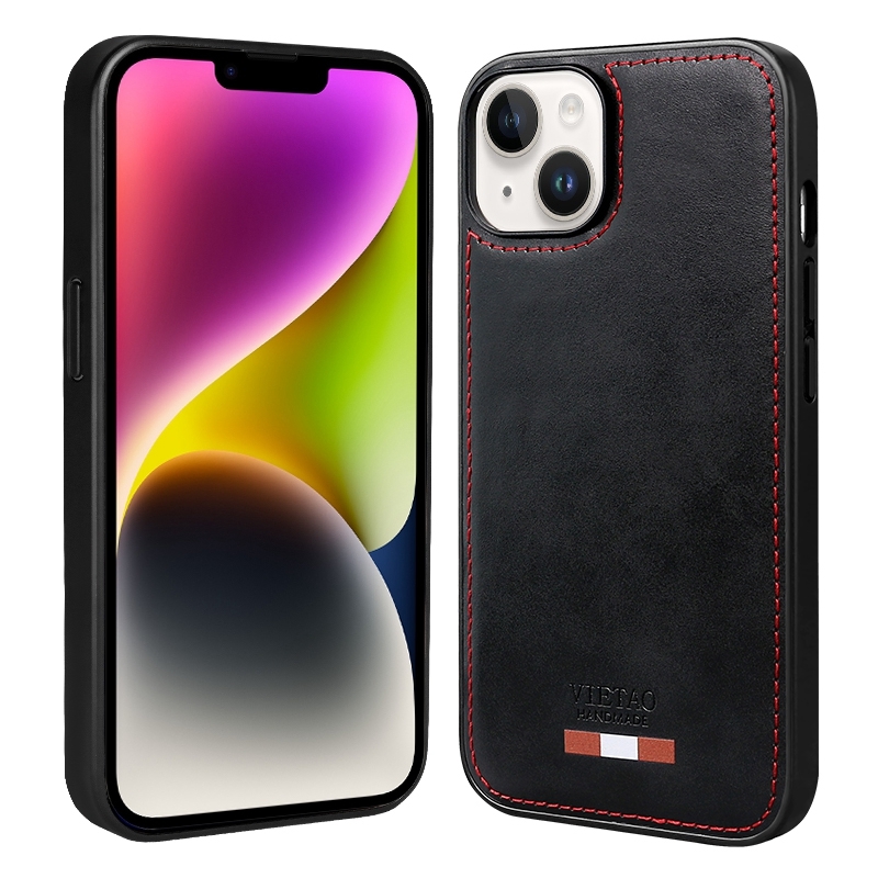 For iPhone 14 Plus VIETAO Plain Leather Stitching PU Phone Case(Black) - Shopkiz.com