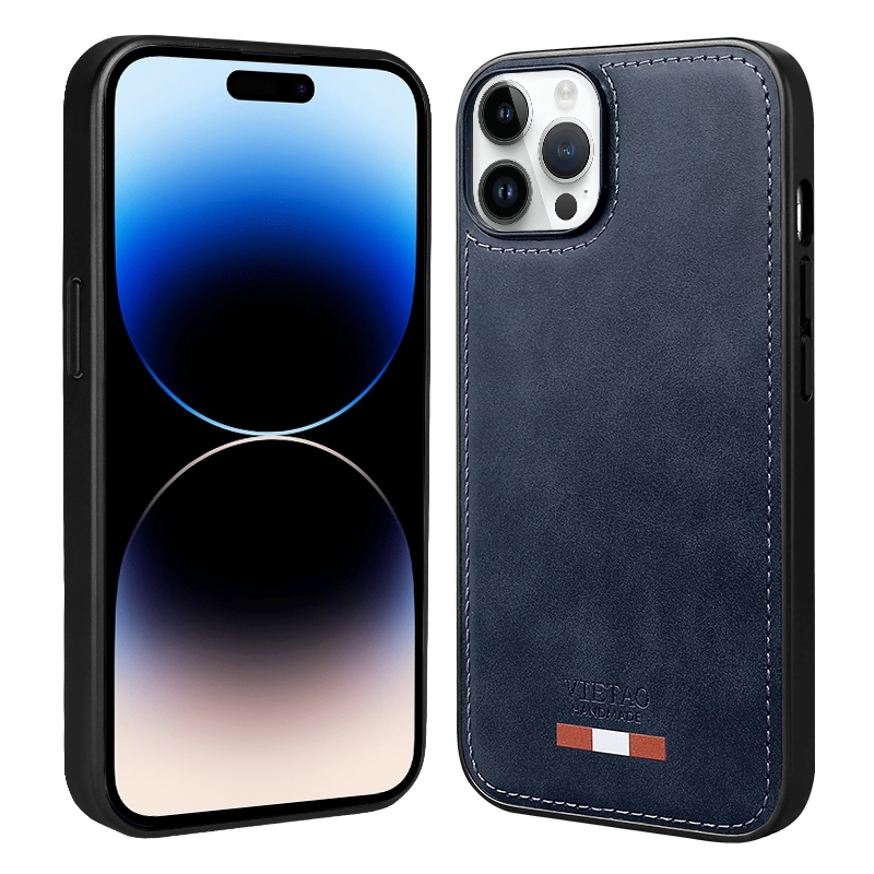 For iPhone 14 Pro VIETAO Plain Leather Stitching PU Phone Case(Blue) - Shopkiz.com