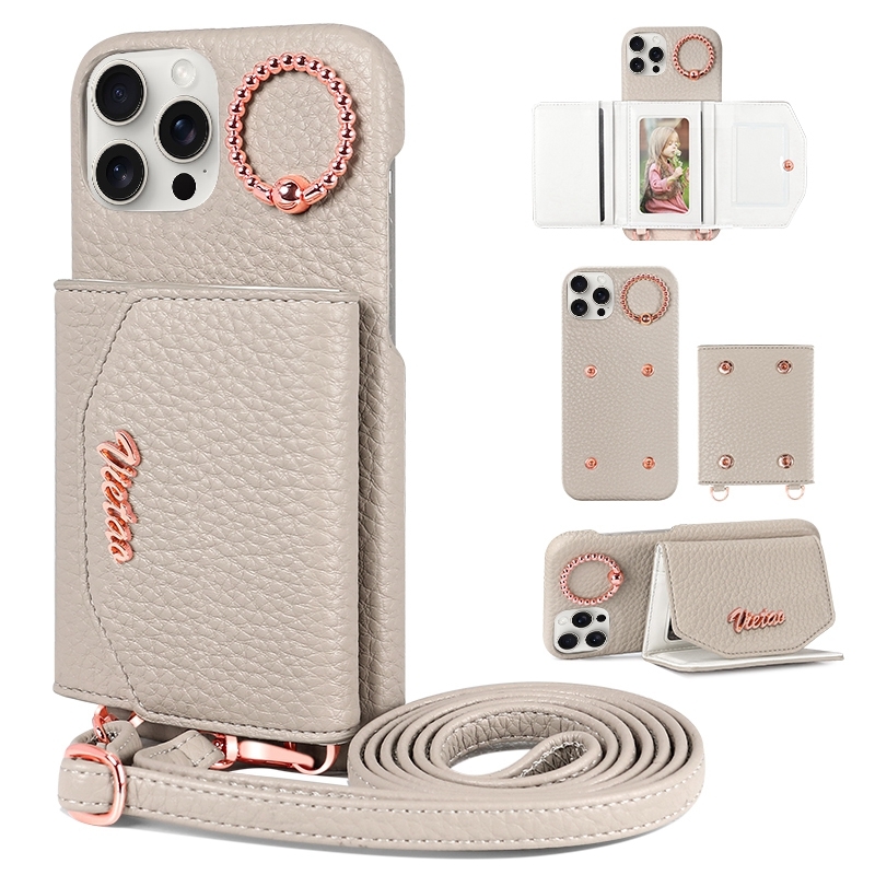 For iPhone 15 Pro Max VIETAO Ring Holder Card Bag Phone Case with Lanyard(Grey) - Shopkiz.com