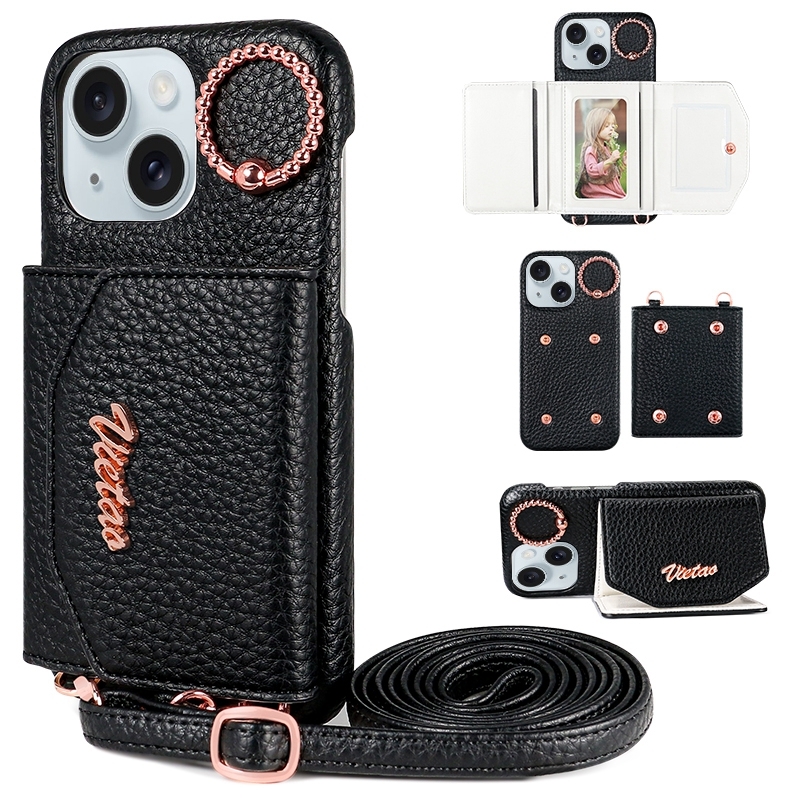 For iPhone 15 Plus VIETAO Ring Holder Card Bag Phone Case with Lanyard(Black) - Shopkiz.com